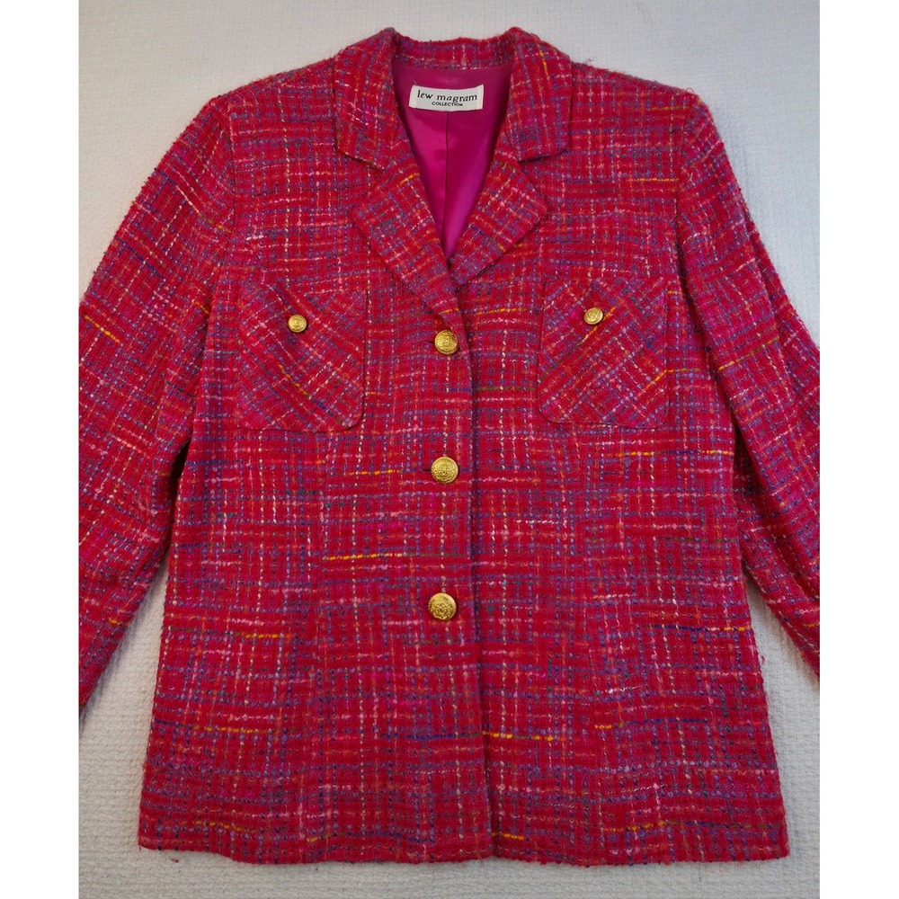 Vintage Lew Magram Womens Sz 8 2 Piece Skirt Suit Fuchsia Boucle Tweed Blazer